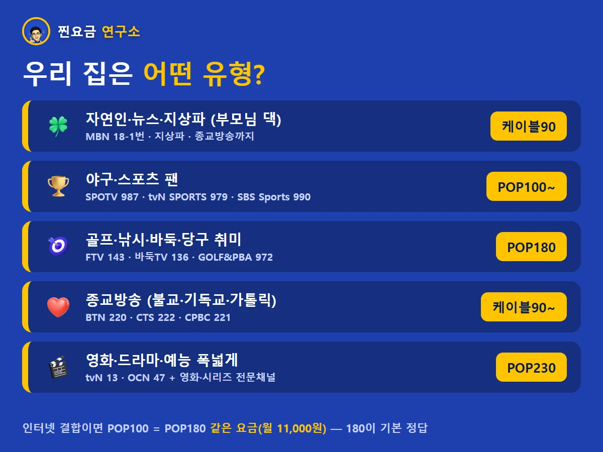 시청 유형별 B tv 추천 상품 — 부모님, 취미, 스포츠, 종교, 영화드라마
