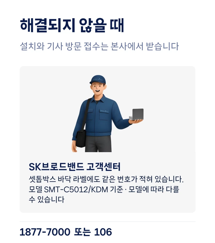 위 방법으로 해결되지 않을 때 설치와 기사 방문 접수는 SK브로드밴드 고객센터 1877-7000 또는 106에서 받습니다